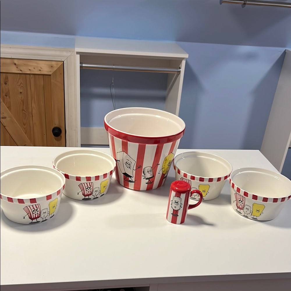 Red and White Striped Popcorn Bowl Set